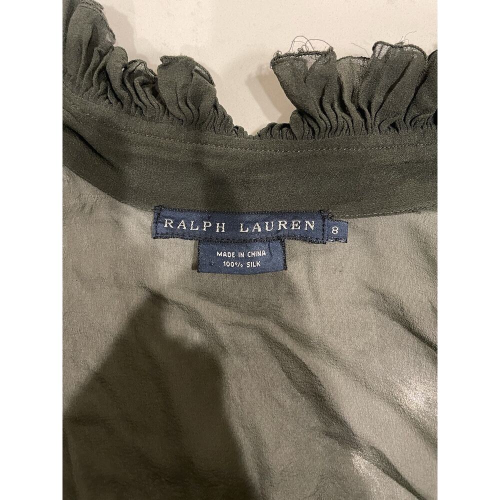 Ralph Lauren 100% silk ruffled collar olive green blouse size 8 - Picture 5 of 9